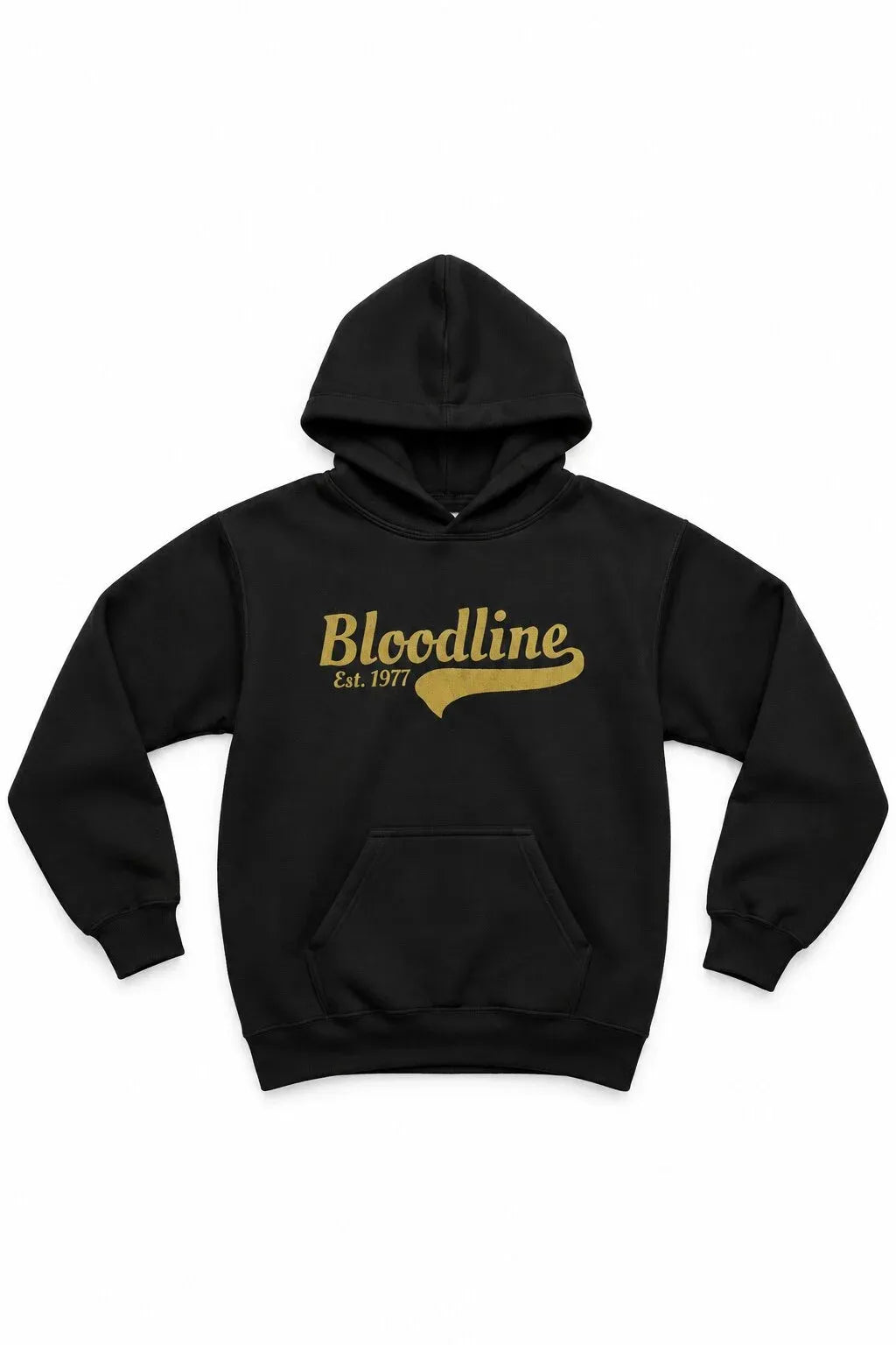 Black hoodie with 'Bloodline Est. 1977' text in gold on a white background